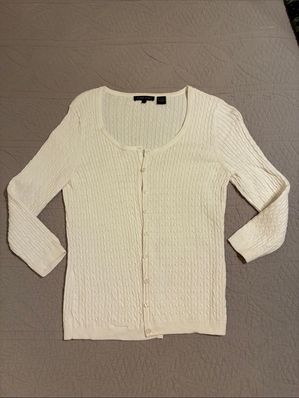 Jeanne Pierre White Cable Knit Button-Up Cardigan, Small